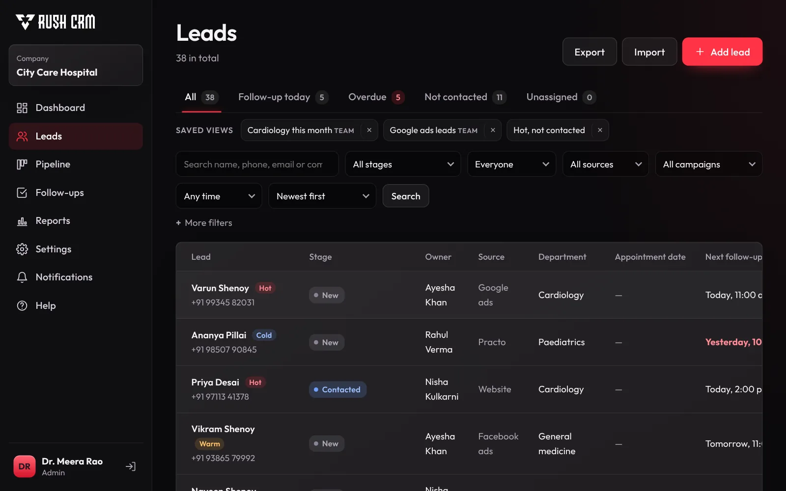 The leads list with filters for stage, owner, source, campaign and date