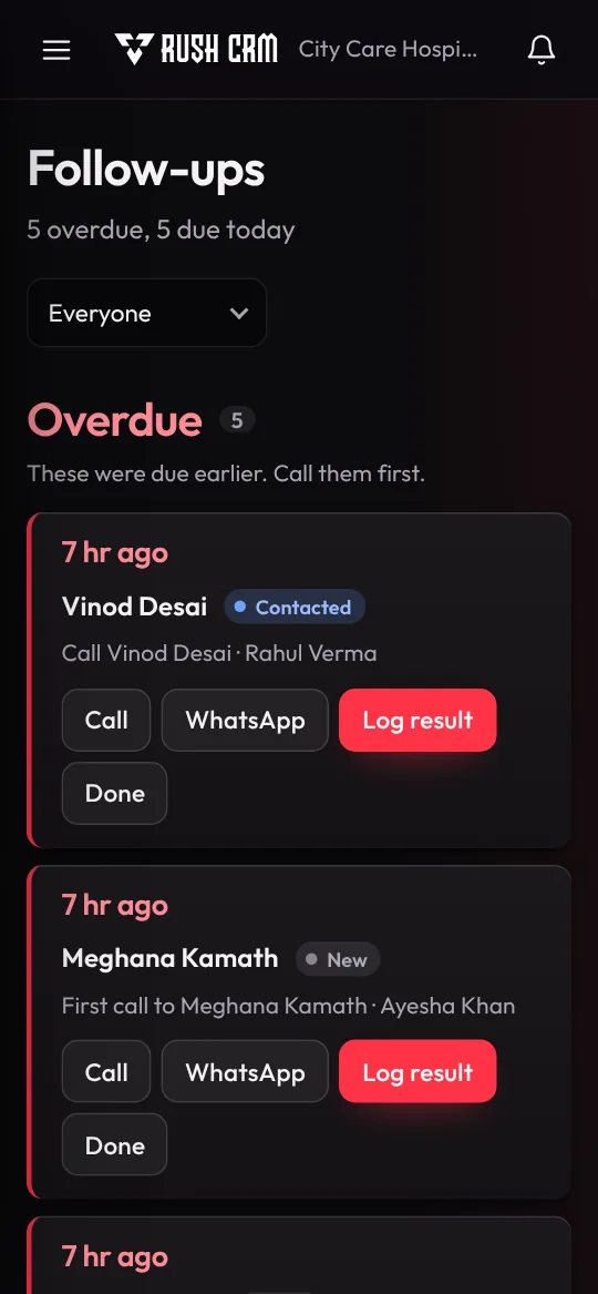 RushCRM follow-ups on a phone, with Call, WhatsApp and Log result buttons